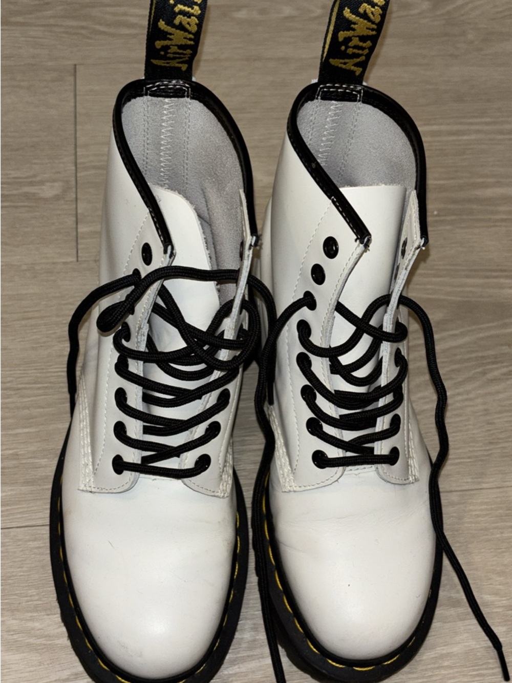 Dr. Martens White Leather Lace-Up Boots with Black Trim